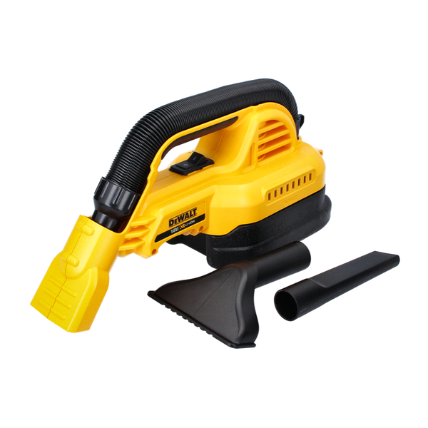 DeWALT 18 Volt Akku-Handsauger mit integriertem Schlauch und zwei zusätzlichen Saugdüsen.