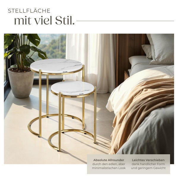 Beistelltisch tectake Ellsa ineinander schiebbar hochwertige Marmorplatten weiß/gold