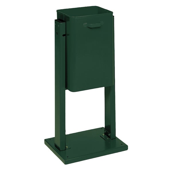 Grüner rechteckiger Außenmülleimer aus Metall mit Standpfosten und Bodenplatte.