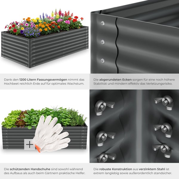 Rechteckiges Hochbeet aus verzinktem Stahl mit 1200 Liter Volumen, abgerundeten Ecken, Montagedetails und beigelegten Gartenhandschuhen.