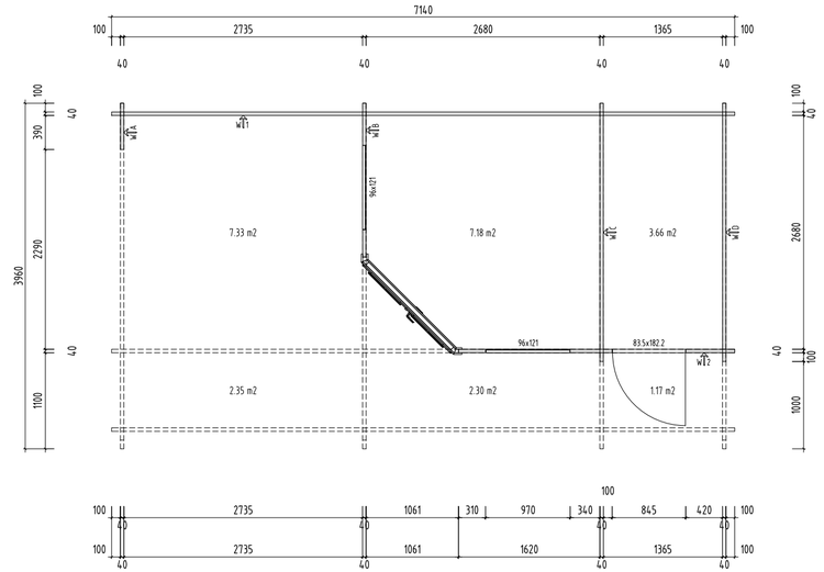 Technische Zeichnung eines Grundrisses für ein Gartenhaus mit Maßen und Raumaufteilung.