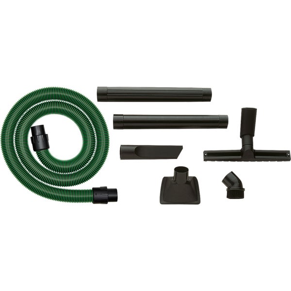 Staubsauger-Zubehörset bestehend aus Saugschlauch, Verlängerungsrohren, Bodendüse, Polsterdüse, Fugendüse und Saugpinsel aus Kunststoff.
