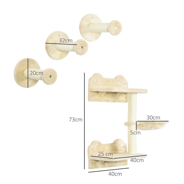 PawHut Katzen Kletterwand, 4-teilig, Katzenkletterwand, inkl. 1 x Sprungturm, 3 x Kratzbäume, Kletterwand Set, Kratzbaum mit Hängematte, Wandliege Katzen, Katzentreppe, Sisal, Beige+Cremeweiß