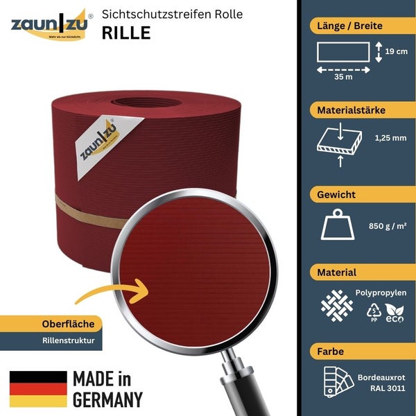 Zaun zu Sichtschutzstreifen Rolle Rille, 35 Meter lang, 19 Zentimeter breit, Materialstärke 1,25 Millimeter, Gewicht 850 Gramm pro Quadratmeter, Polypropylen, Made in Germany