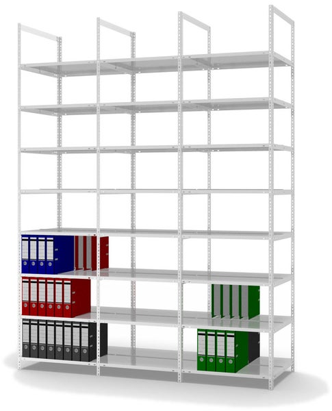 PROREGAL Aktenregal Schraubsystem Grundregal HxBxT 290 x 75 x 60 cm 8 Ebenen Fachlast 90 kg Ohne Deckboden Beidseitig Nutzbar Lichtgrau