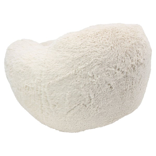Weißer, flauschiger Sitzsack aus Langflor-Material in runder Form.