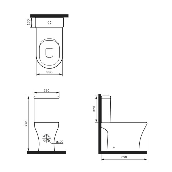 Technische Zeichnung eines Stand-WCs mit Maßen