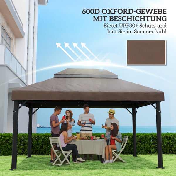 Gartenpavillon mit beschichtetem 600D Oxford-Gewebe und UV-Schutz UPF 30 Plus, Personen sitzen im Schatten unter dem Pavillon im Garten.