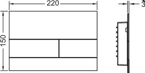 Maßzeichnung einer WC-Betätigungsplatte mit einer Breite von 220 Millimetern und einer Höhe von 150 Millimetern.