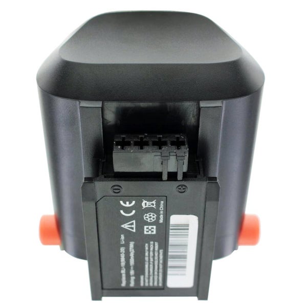 Schwarzer Lithium-Ionen-Akku für Elektrowerkzeuge mit orangefarbenen Entriegelungsknöpfen und Anschlusskontakten.