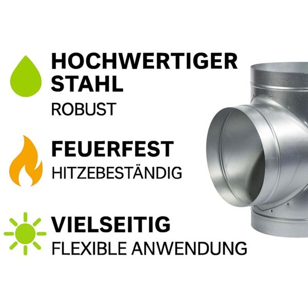 T-Stück für Rohrsystem aus robustem und hitzebeständigem Stahl für vielseitige Anwendungen in Lüftungssystemen.