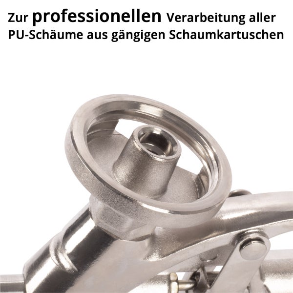 Nahaufnahme eines Adapters für eine professionelle PU-Schaumpistole zur Verwendung mit gängigen Schaumkartuschen.