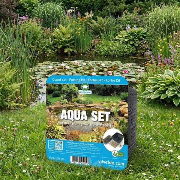 Aqua Set Teichpflanzen-Set von vdvelde.com mit schwarzem Pflanzkorb und Zubehör für optimales Pflanzenwachstum, Maße 19 mal 19 mal 10 Zentimeter.