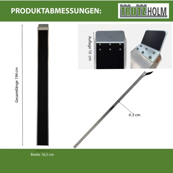 Trutzholm Verladerampe aus Aluminium mit Maßangaben Gesamtlänge 194 Zentimeter und Breite 16,5 Zentimeter.