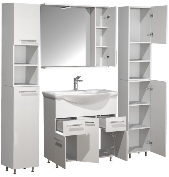 Badezimmermöbel-Set mit Waschbecken, Spiegelschrank und Hochschränken