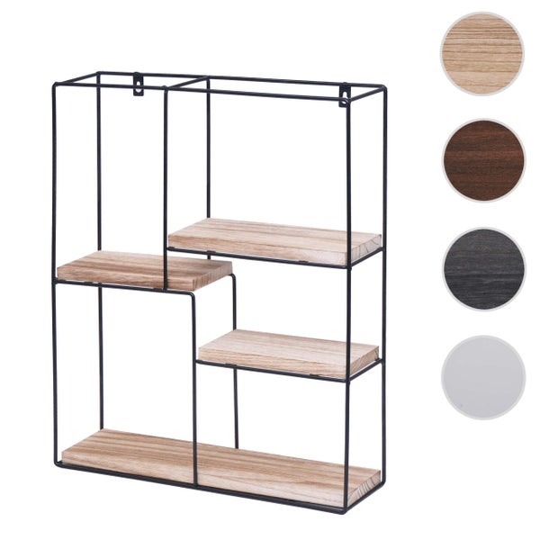 Wandregal mit drei Holzablagen und schwarzem Metallrahmen