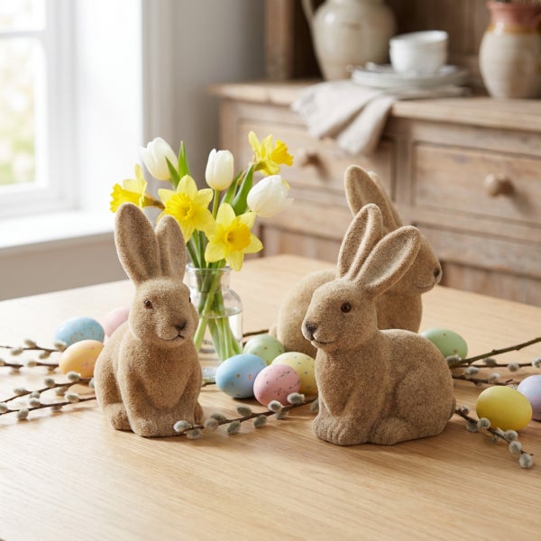 Osterdekoration mit drei flauschigen Osterhasen Figuren, Ostereiern und Frühlingsblumen auf einem Holztisch.