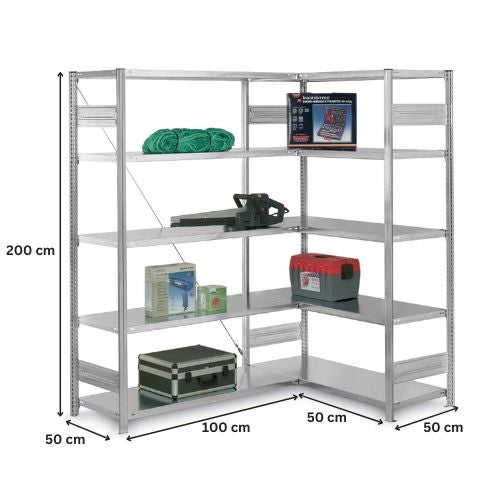 PROREGAL Eckregal  Stecksystem T-Profil HxBxT 200 x 100 x 50 cm 5 Ebenen Traglast 124 kg Lichtgrau