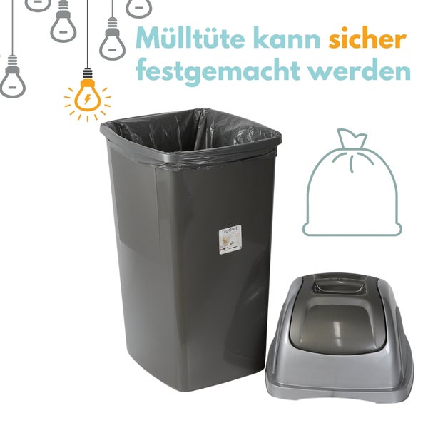 Grauer GarPet Mülleimer mit Schwingdeckel und einer sicher am Rand fixierten Mülltüte.