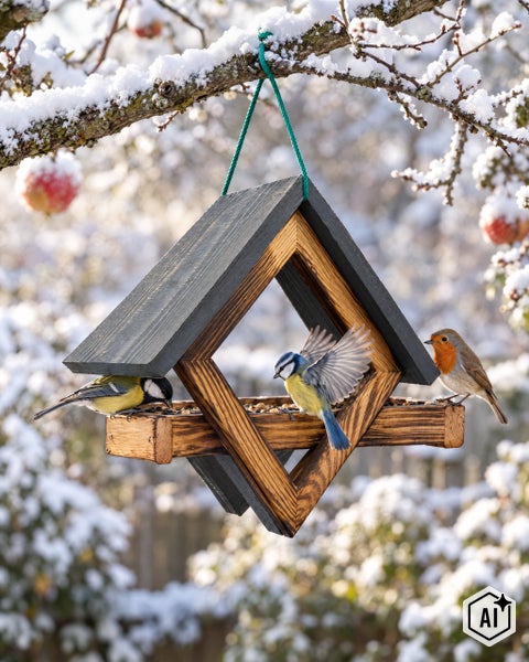 Holz Vogelhaus zum Aufhängen in einem verschneiten Garten mit verschiedenen Vögeln bei der Fütterung.