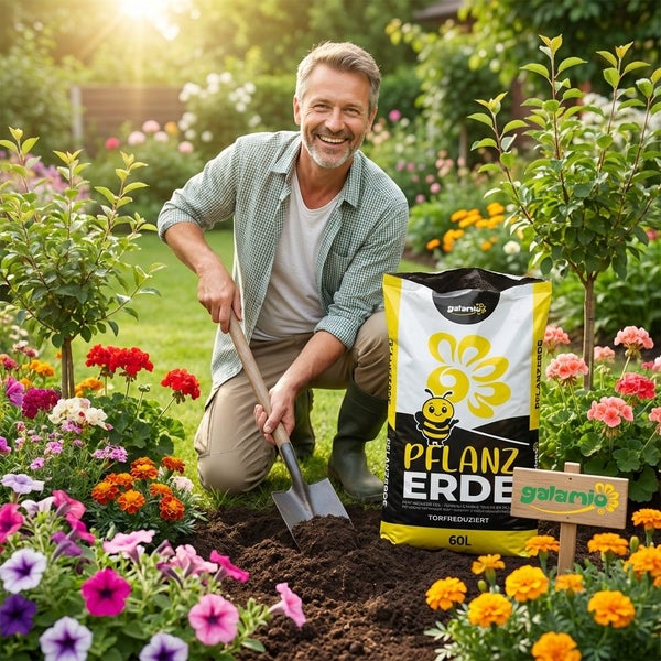 Ein hell gestalteter Garten, in dem ein Mann mit einer Schaufel arbeitet, neben einem 60 Liter Sack Galamio Pflanzerde und blühenden Pflanzen.