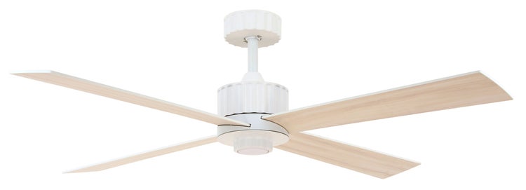 Deckenventilator mit vier Flügeln in Holzoptik und Gehäuse mit Deckenhalterung