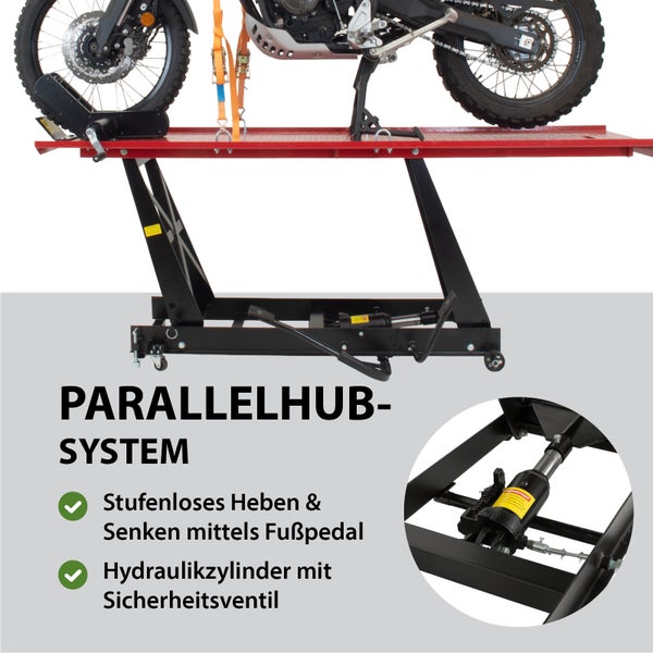 Motorrad auf einer Motorradhebebühne mit Parallelhubsystem