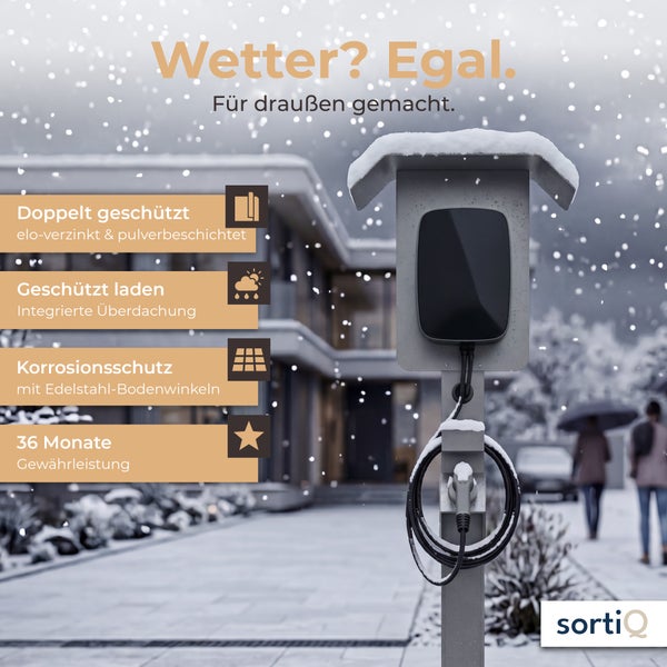 Wetterfeste Ladesäule für Elektroautos mit integrierter Überdachung, elektrolytisch verzinktem Gehäuse, 36 Monaten Gewährleistung und sortiQ Logo.