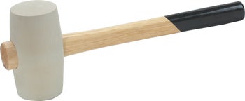Gummihammer mit weißem Gummikopf und Holzstiel mit schwarzem Griff.