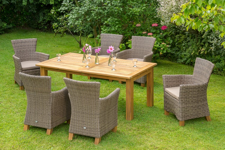 Toskana Gartenmöbelset 7tlg., Gartensessel inkl. Auflagen, Doppelausziehtisch 180 (220/260) x 100 cm, natur