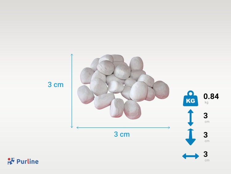 Dekorative weiße Kieselsteine mit einer Größe von 3 Zentimetern und einem Gewicht von 0,84 Kilogramm.