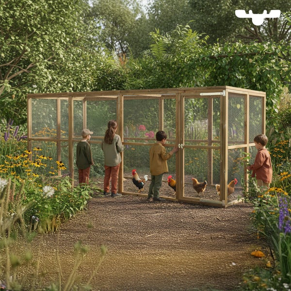 Holzgehege mit Hühnern und Kindern im Garten