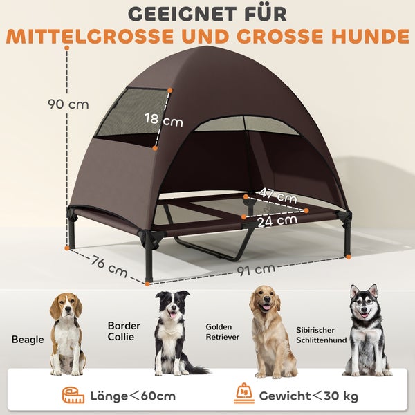Hundebett mit Dach, geeignet für mittelgroße und große Hunde, Maße inklusive Angaben zur Länge, Höhe und Breite