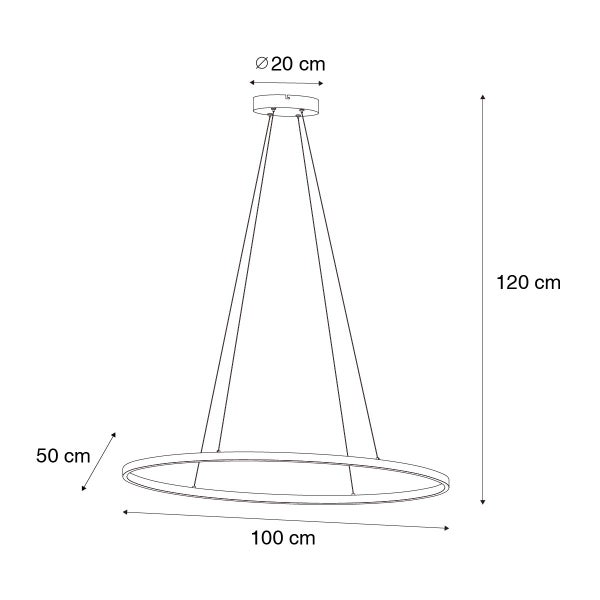 Abbildung einer Hängeleuchte mit den Maßen 120 cm Höhe, 100 cm Länge, 50 cm Breite und 20 cm Durchmesser