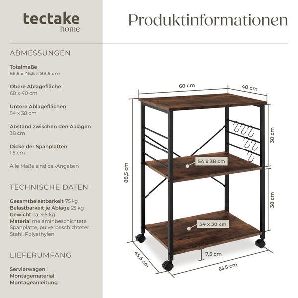 Servierwagen tectake Rugby inklusive 6 Haken, 65,5 x 45,5 x 88,5 cm Industrial Style Industrial Holz dunkel, rustikal
