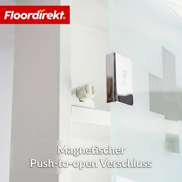 Magnetischer Push-to-open Verschluss an einem Medizinschrank mit Glastür und Floordirekt Logo.