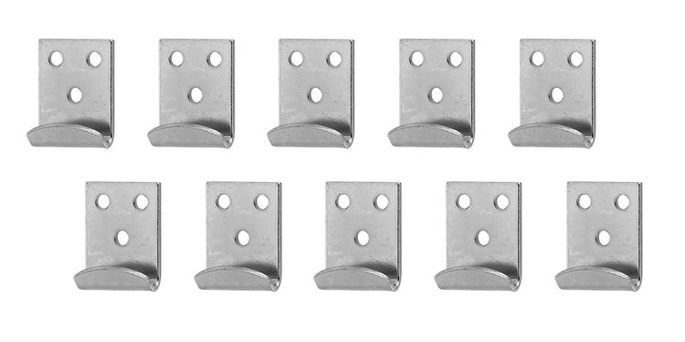 Set aus zehn metallenen Haken zur Wandbefestigung mit drei Montagelöchern