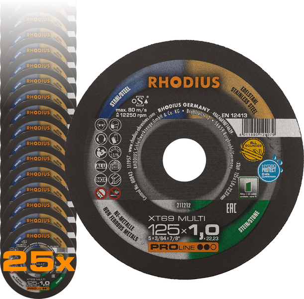 RHODIUS Trennscheibe XT69 MULTI, 25 Stück, 125 x 1,0 x 22,23 mm für Fliesen/Keramik, NE-Metalle, Stein, Stahl, Metall, Edelstahl, PROline