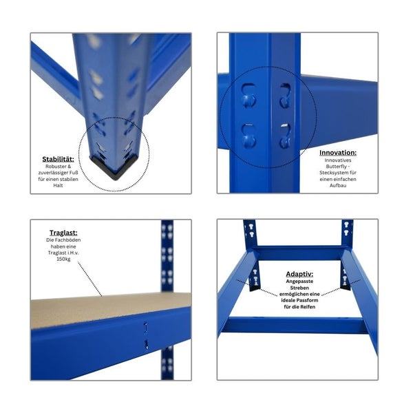 PROREGAL Mega Deal 5x Reifenregal Tiger HxBxT 180x120x40 cm bis zu 12 Reifen auf 2 Ebenen mit 2 Fachboden Blau Reifenständer