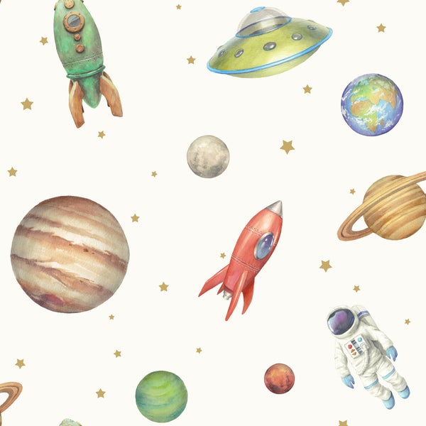 Weltraumtapete mit Raketen, Planeten, Sternen, einem Ufo und Astronaut