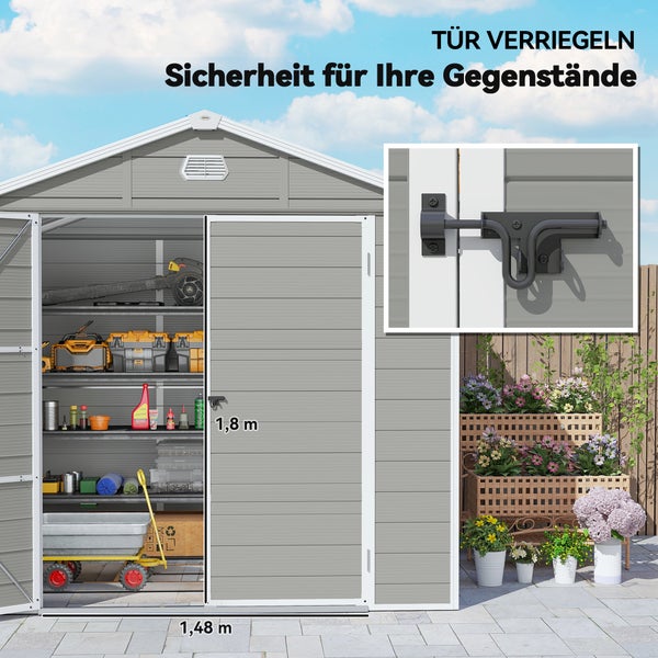 Maßskizze eines Gartenhauses mit Außenmaßen von 2,4 mal 1,9 mal 2,28 Meter, Grundfläche 4,1 Quadratmeter und Größenvergleich mit einer Person.