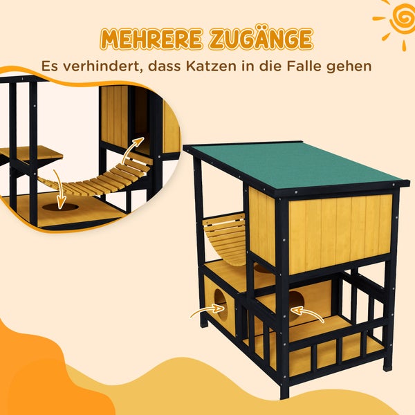 Katzenhaus mit mehreren Zugängen und verschiedenen Ebenen
