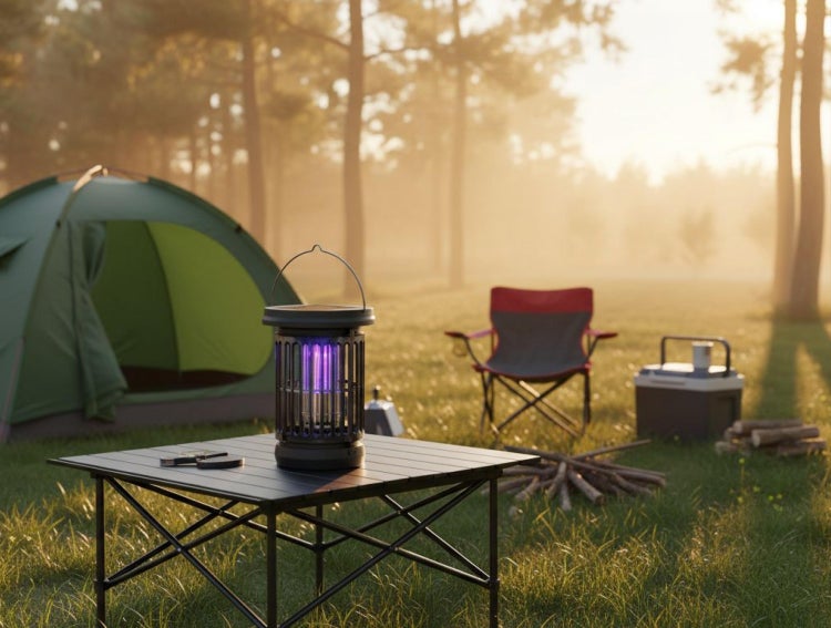 Elektrische Insektenfalle mit UV-Licht auf einem schwarzen Campingtisch neben einem grünen Zelt und Klappstuhl in einem hellen Wald.