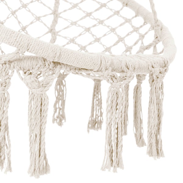 ECD Germany Hängesessel zum Aufhängen mit Sitzkissen, Beige, Boho Style, Makramee Design, Baumwolle, Ø 60cm, Belastbar bis 120kg, Geflochten Fransen Hängesitz Hängestuhl Hängeschaukel, Indoor/Outdoor
