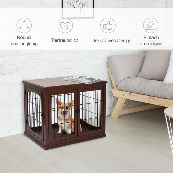 PawHut Hundekäfig für Zuhause, Hundehütte mit 2 Eingängen, Abschließbar Hundebox, Hundehaus für kleine Hunde, Braun, 58,5 x 81 x 66 cm