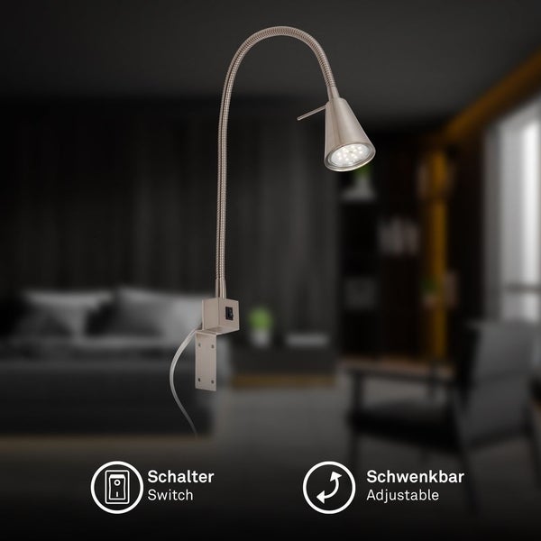Wand-Leseleuchte mit flexiblem Arm und integriertem Schalter in einem modern eingerichteten Schlafzimmer.