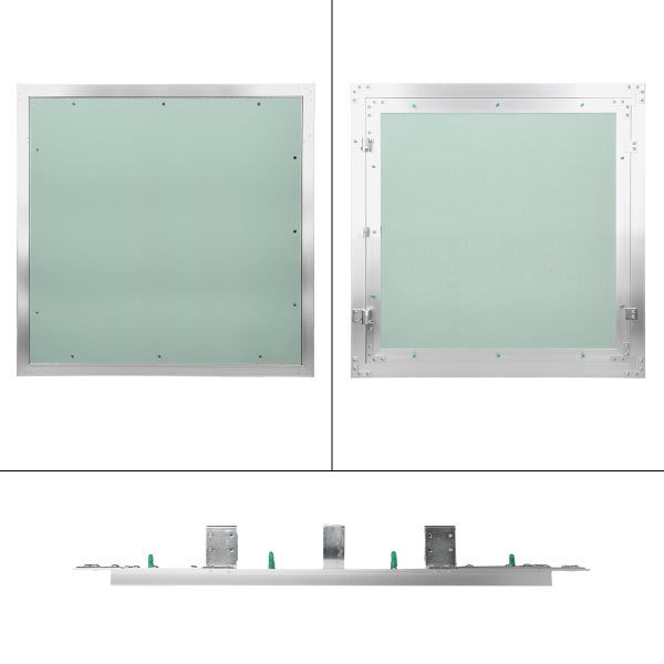 Quadratische Revisionsklappe mit Aluminiumrahmen und grüner Gipskartoneinlage für Trockenbau, Vorderansicht, Rückansicht und Seitenprofil.