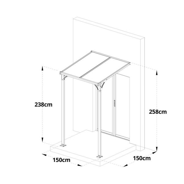 Technische Zeichnung einer Terrassenüberdachung mit Bemaßungen von 238 cm Höhe, 258 cm Höhe und 150 cm Tiefe für Wand- und Bodenmontage.