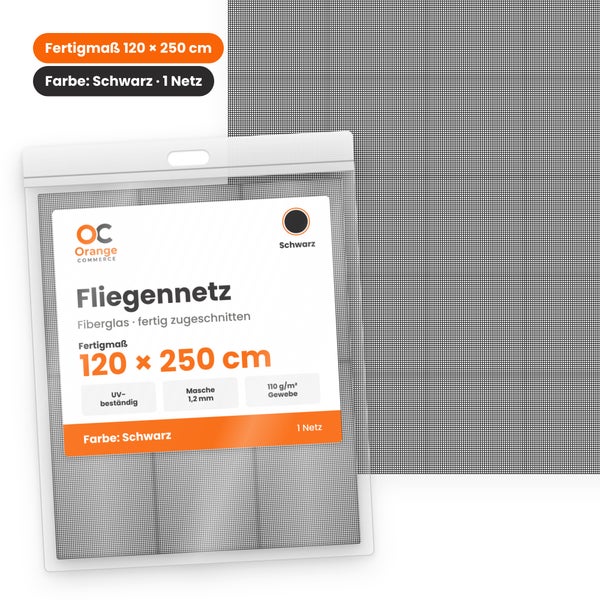 Orange Commerce Fiberglas Fliegengitter, Maße 120 mal 250 Zentimeter, UV beständig mit 1,2 Millimeter Maschenweite in einer Packung.