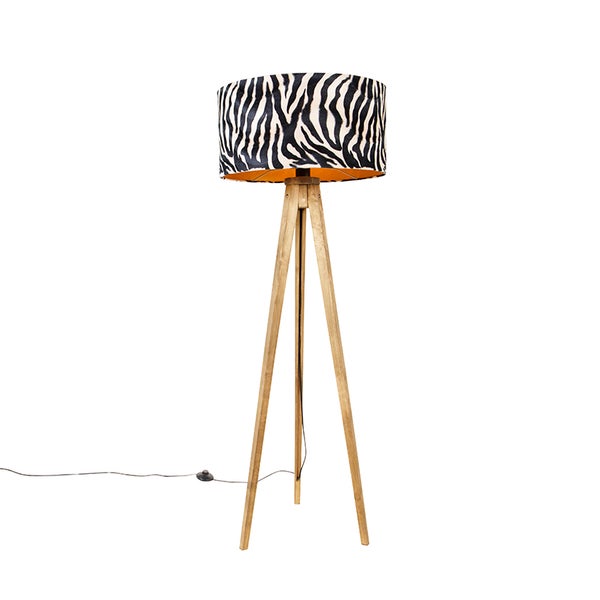 QAZQA - Landhaus I Vintage Vintage Stehlampe Holzschirm Zebra Design 50 cm - Tripod I Dreifuß Lampe I Dreifuss Classic I Wohnzimmer I Schlafzimmer - Rund - LED geeignet E27